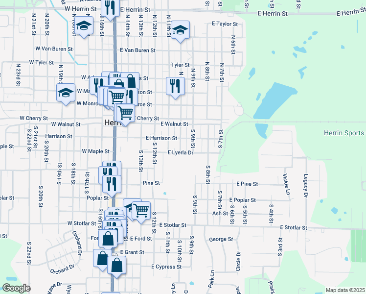 map of restaurants, bars, coffee shops, grocery stores, and more near 212 South 10th Street in Herrin