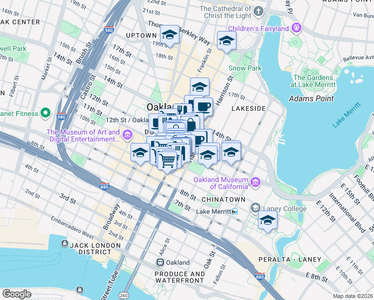map of restaurants, bars, coffee shops, grocery stores, and more near in Oakland