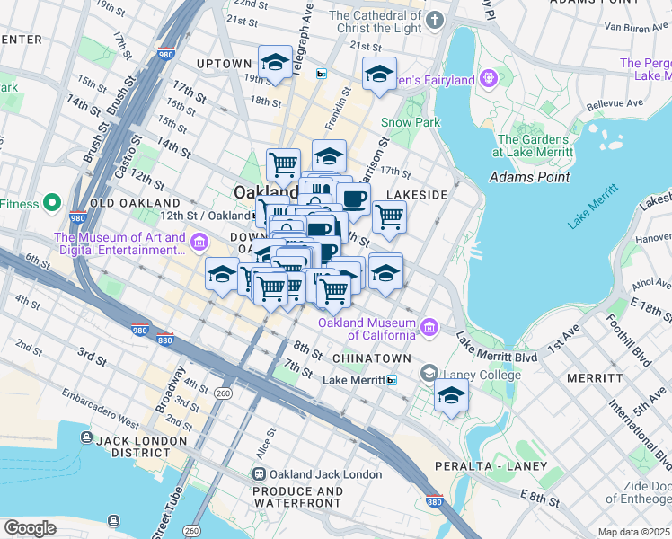 map of restaurants, bars, coffee shops, grocery stores, and more near 274 12th Street in Oakland