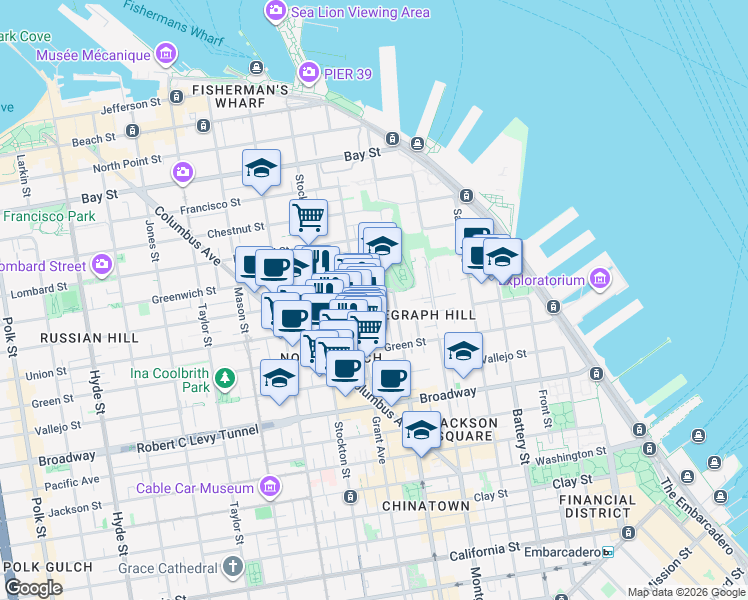 map of restaurants, bars, coffee shops, grocery stores, and more near 157 Varennes Street in San Francisco