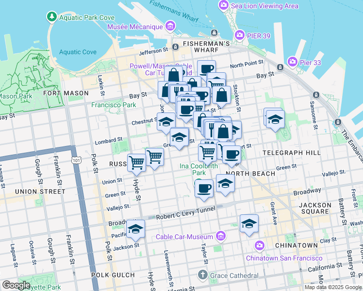 map of restaurants, bars, coffee shops, grocery stores, and more near 925 Greenwich Street in San Francisco