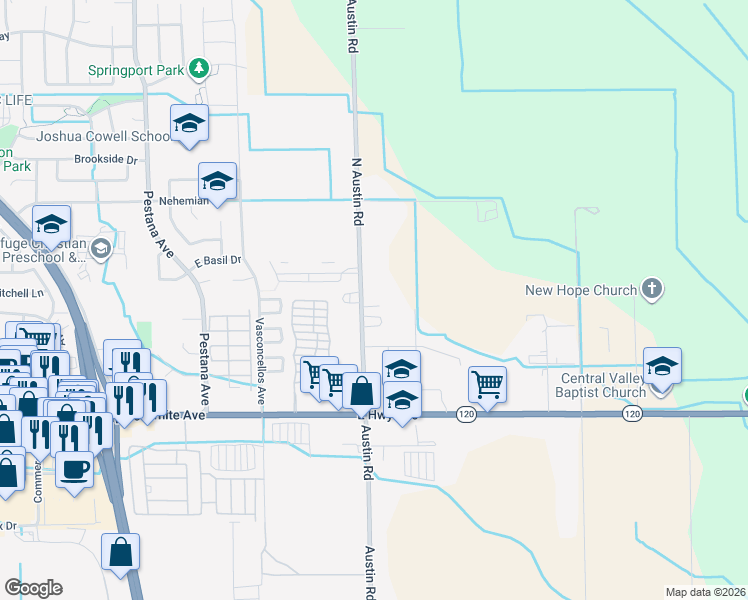 map of restaurants, bars, coffee shops, grocery stores, and more near 17600 South Austin Road in Manteca