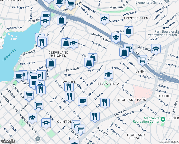 map of restaurants, bars, coffee shops, grocery stores, and more near 2554 Ivy Drive in Oakland