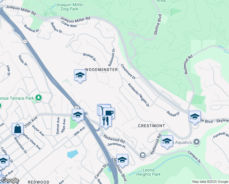 map of restaurants, bars, coffee shops, grocery stores, and more near 3789 Brunell Drive in Oakland