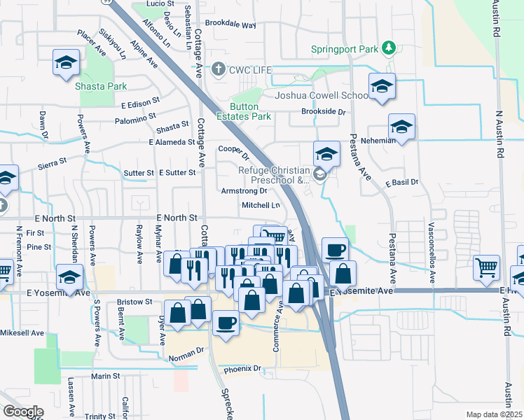 map of restaurants, bars, coffee shops, grocery stores, and more near 1326 Mitchell Lane in Manteca