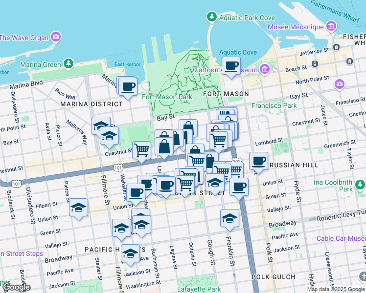 map of restaurants, bars, coffee shops, grocery stores, and more near 1525 Chestnut Street in San Francisco