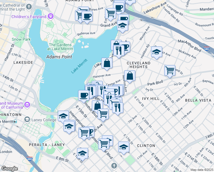 map of restaurants, bars, coffee shops, grocery stores, and more near 252 Acton Place in Oakland