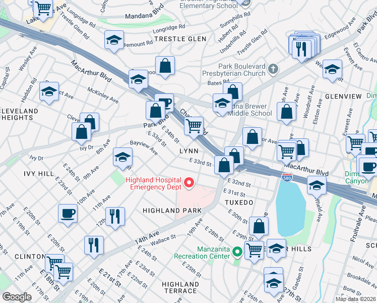 map of restaurants, bars, coffee shops, grocery stores, and more near 1315 East 34th Street in Oakland