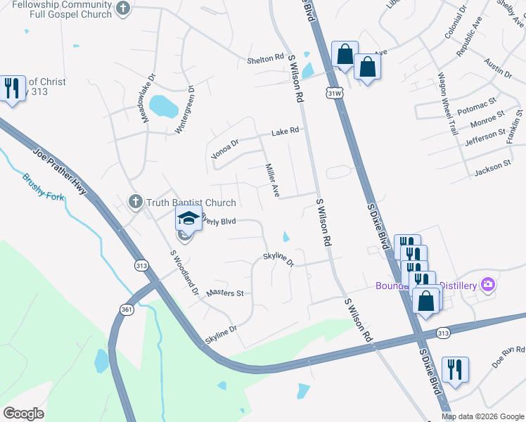 map of restaurants, bars, coffee shops, grocery stores, and more near Deborah Street in Radcliff