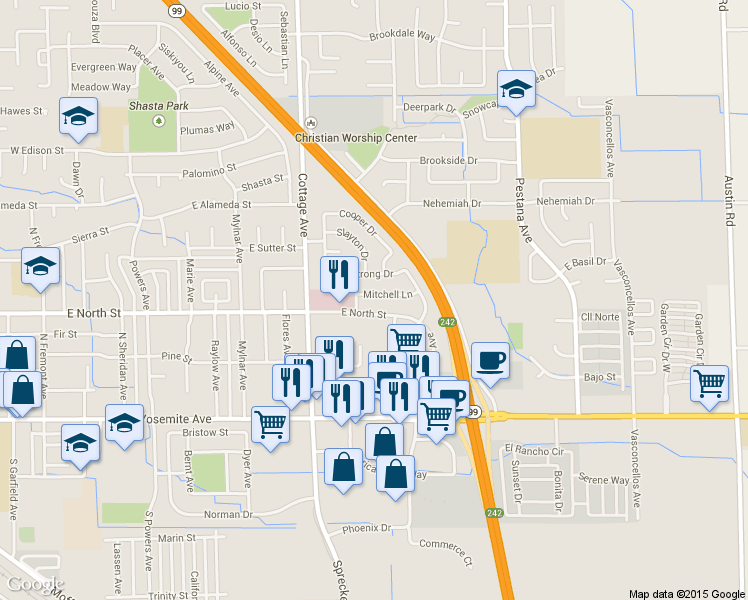 map of restaurants, bars, coffee shops, grocery stores, and more near 1326 Mitchell Lane in Manteca