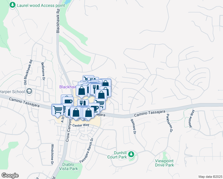 map of restaurants, bars, coffee shops, grocery stores, and more near 400 Cam Arroyo West in Danville