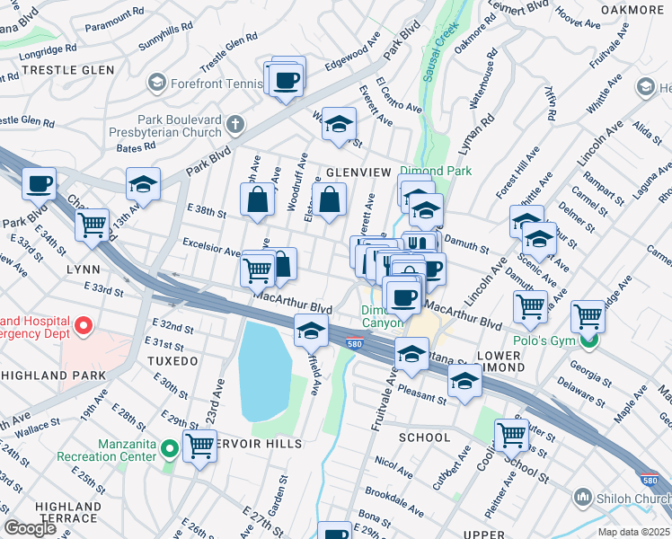 map of restaurants, bars, coffee shops, grocery stores, and more near 3708 Linwood Avenue in Oakland