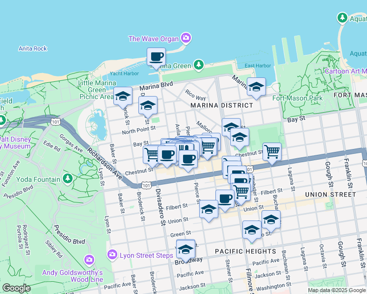 map of restaurants, bars, coffee shops, grocery stores, and more near 104 Avila Street in San Francisco