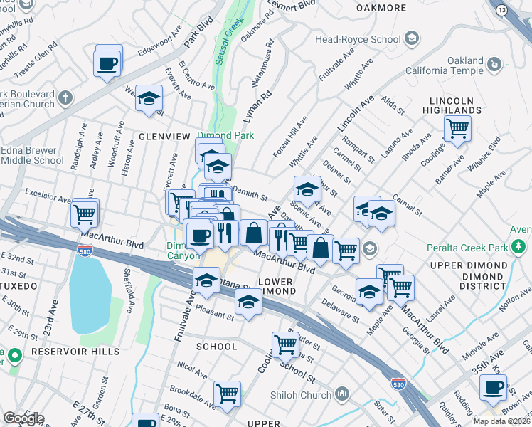 map of restaurants, bars, coffee shops, grocery stores, and more near 2 Lincoln Avenue in Oakland