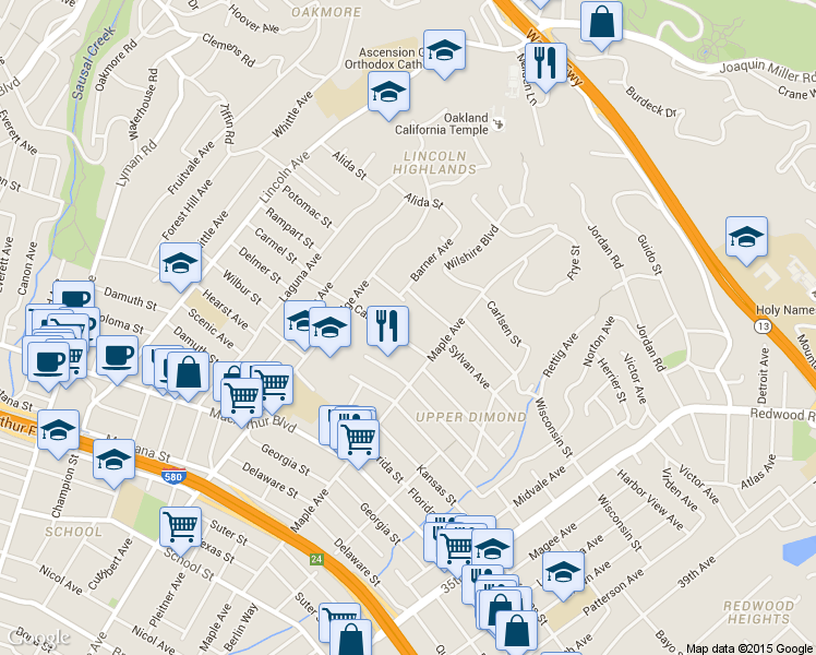 map of restaurants, bars, coffee shops, grocery stores, and more near 2935 Morgan Avenue in Oakland