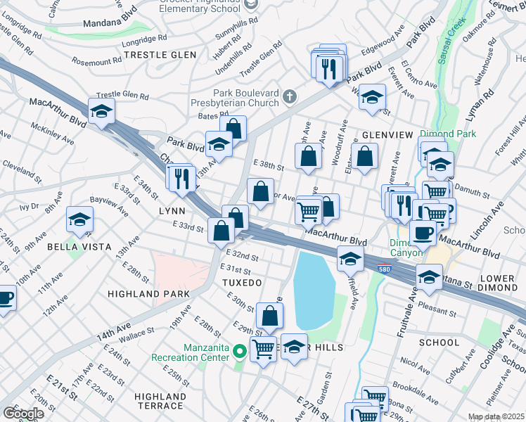 map of restaurants, bars, coffee shops, grocery stores, and more near 3527 Glen Park Road in Oakland