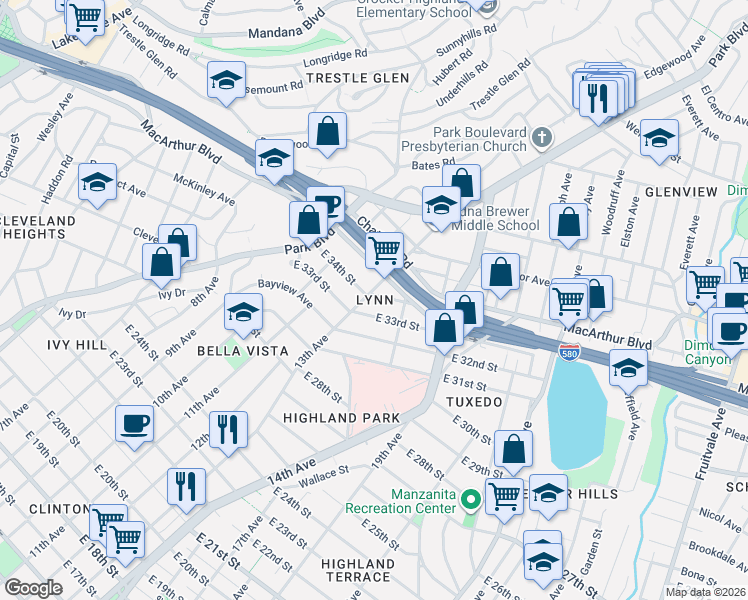 map of restaurants, bars, coffee shops, grocery stores, and more near 1315 East 34th Street in Oakland
