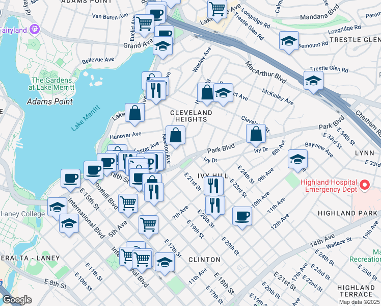 map of restaurants, bars, coffee shops, grocery stores, and more near 308 Haddon Road in Oakland
