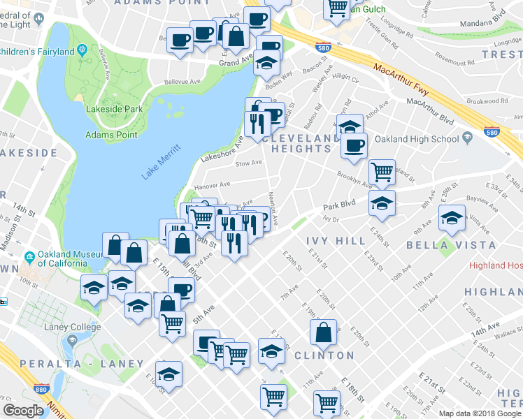 map of restaurants, bars, coffee shops, grocery stores, and more near 257 Athol Avenue in Oakland