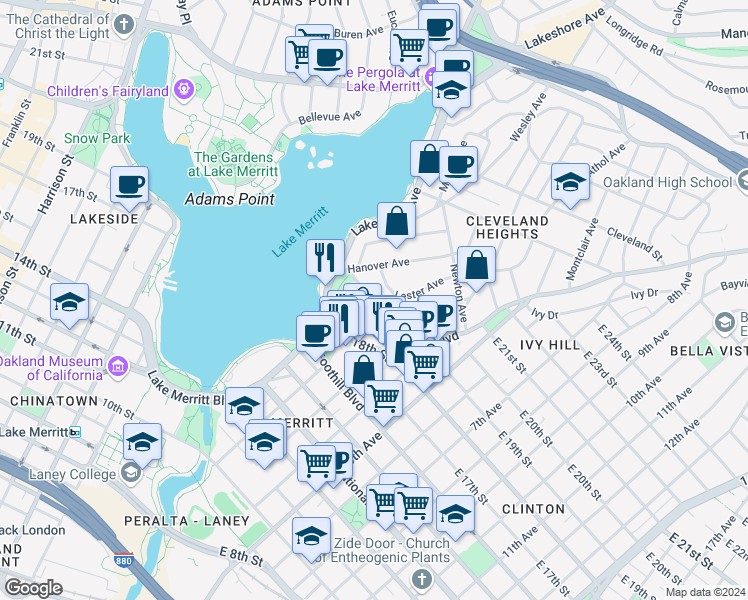 map of restaurants, bars, coffee shops, grocery stores, and more near 227 Wayne Avenue in Oakland