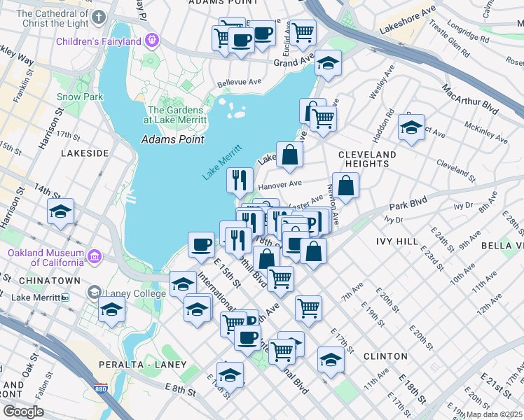 map of restaurants, bars, coffee shops, grocery stores, and more near 227 Wayne Avenue in Oakland