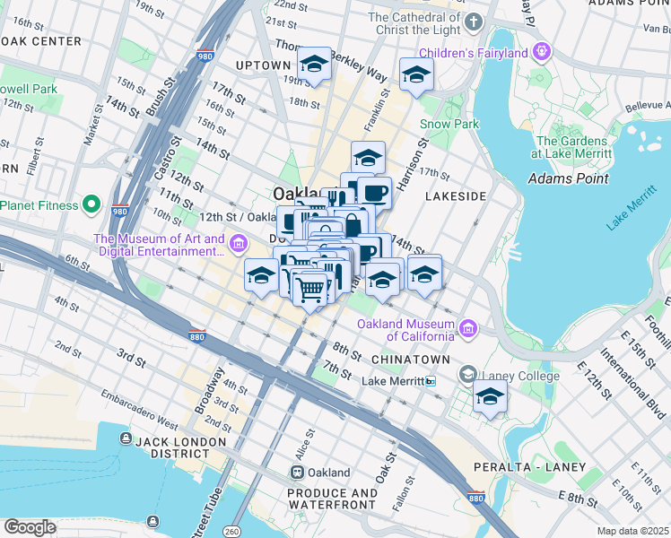 map of restaurants, bars, coffee shops, grocery stores, and more near in Oakland