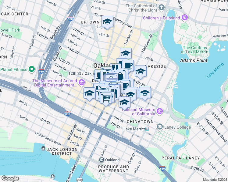 map of restaurants, bars, coffee shops, grocery stores, and more near in Oakland