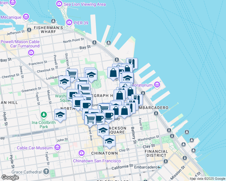 map of restaurants, bars, coffee shops, grocery stores, and more near 1235 Sansome Street in San Francisco