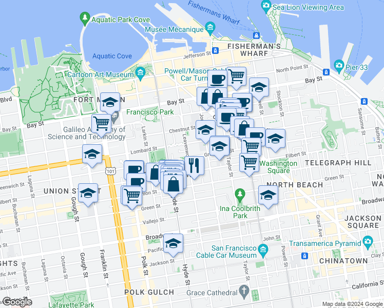 map of restaurants, bars, coffee shops, grocery stores, and more near 2215 Leavenworth Street in San Francisco