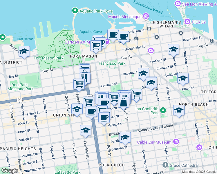 map of restaurants, bars, coffee shops, grocery stores, and more near 2545 Larkin Street in San Francisco