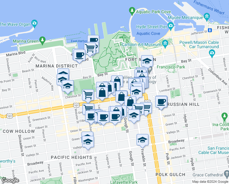 map of restaurants, bars, coffee shops, grocery stores, and more near 1525 Chestnut Street in San Francisco
