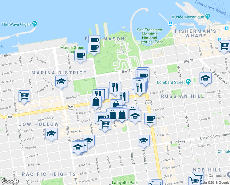 map of restaurants, bars, coffee shops, grocery stores, and more near 1525 Chestnut Street in San Francisco