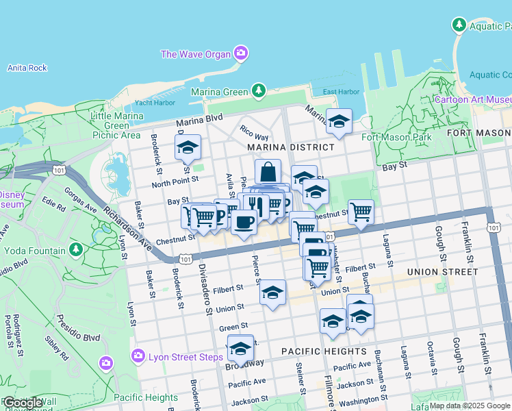 map of restaurants, bars, coffee shops, grocery stores, and more near 175 Alhambra Street in San Francisco