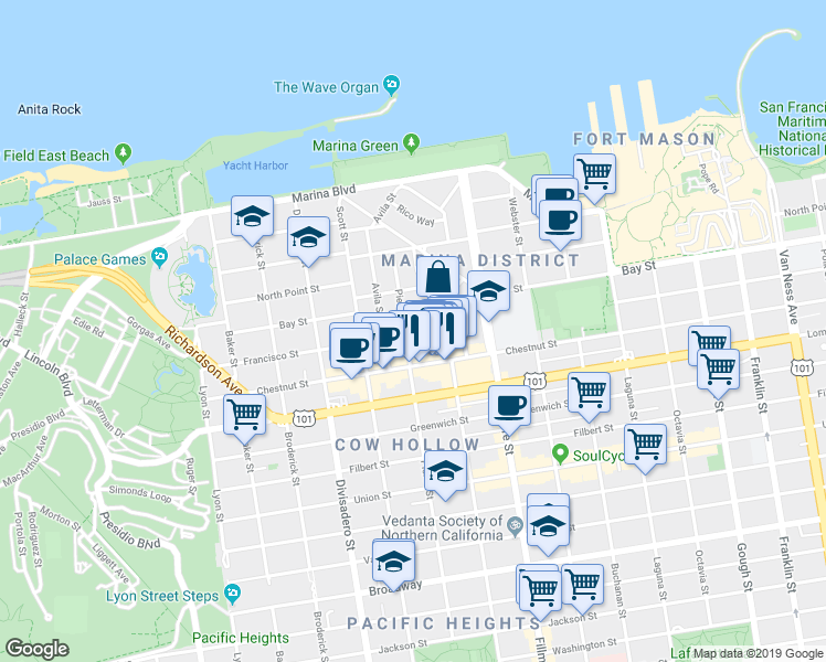 map of restaurants, bars, coffee shops, grocery stores, and more near 175 Alhambra Street in San Francisco