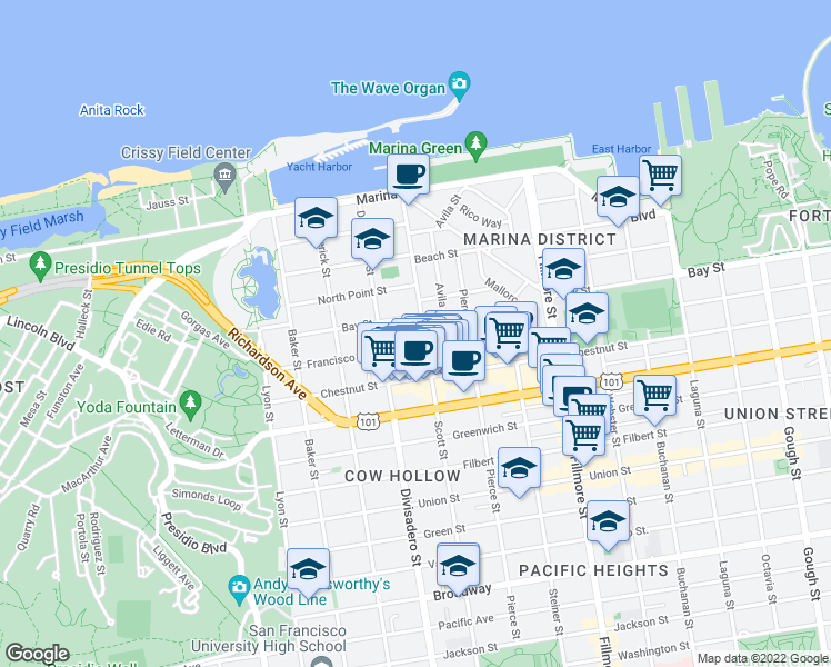 map of restaurants, bars, coffee shops, grocery stores, and more near 3425 Scott Street in San Francisco