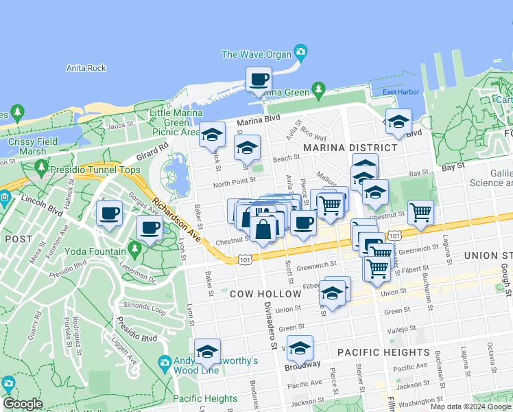map of restaurants, bars, coffee shops, grocery stores, and more near 3445 Divisadero Street in San Francisco