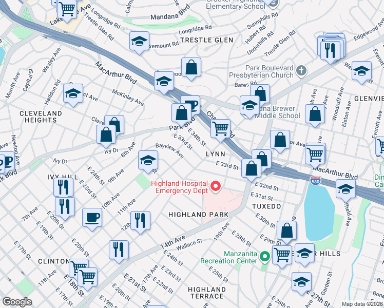 map of restaurants, bars, coffee shops, grocery stores, and more near 1208 East 33rd Street in Oakland