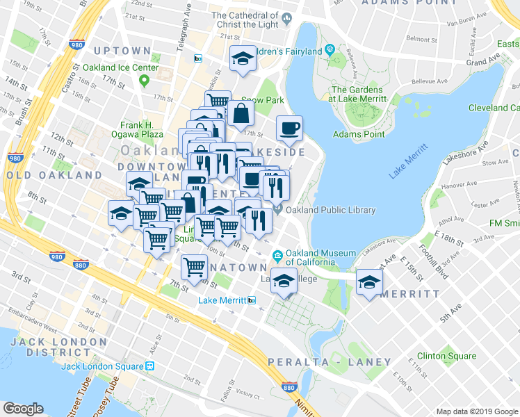 map of restaurants, bars, coffee shops, grocery stores, and more near 169 14th Street in Oakland