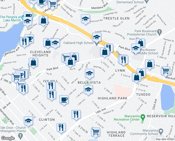 map of restaurants, bars, coffee shops, grocery stores, and more near 900 Bayview Avenue in Oakland