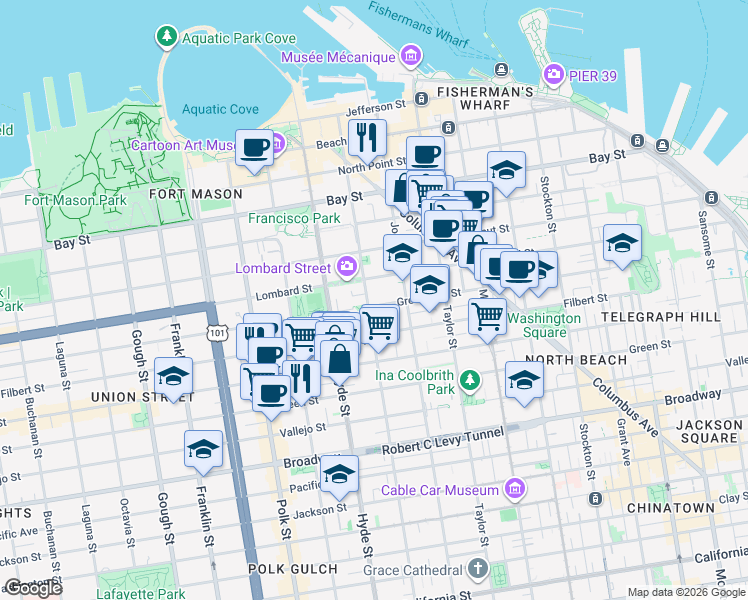 map of restaurants, bars, coffee shops, grocery stores, and more near 2215 Leavenworth Street in San Francisco