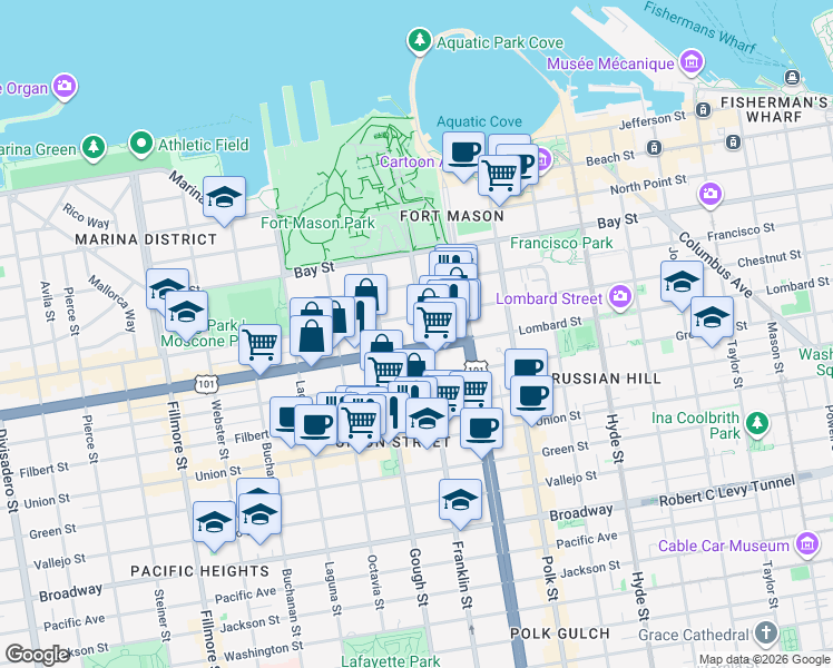 map of restaurants, bars, coffee shops, grocery stores, and more near in San Francisco
