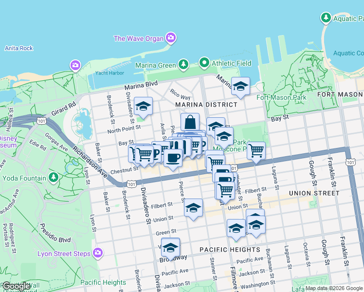 map of restaurants, bars, coffee shops, grocery stores, and more near 175 Alhambra Street in San Francisco
