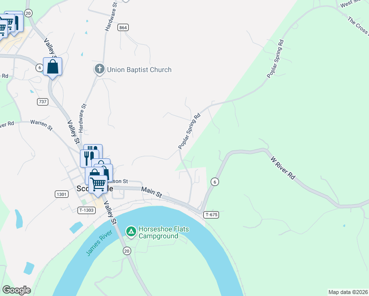 map of restaurants, bars, coffee shops, grocery stores, and more near 601 Poplar Spring Rd in Scottsville