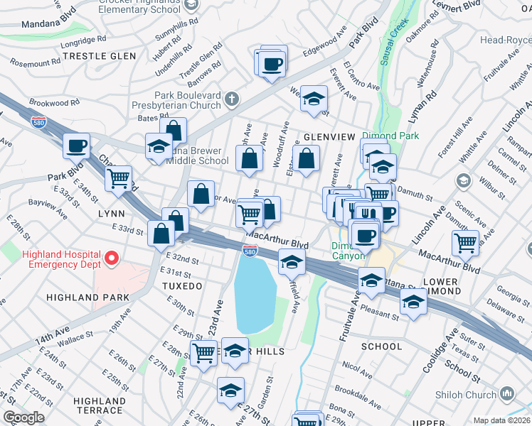 map of restaurants, bars, coffee shops, grocery stores, and more near 1633 Excelsior Avenue in Oakland