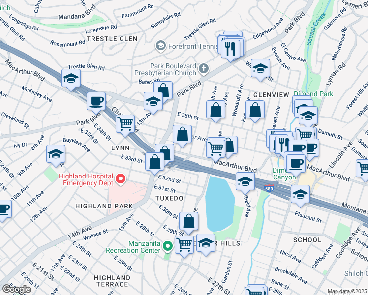 map of restaurants, bars, coffee shops, grocery stores, and more near 3520 Brighton Avenue in Oakland