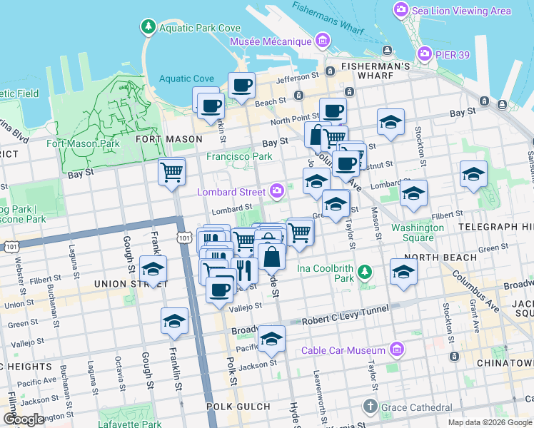 map of restaurants, bars, coffee shops, grocery stores, and more near 2238 Hyde Street in San Francisco