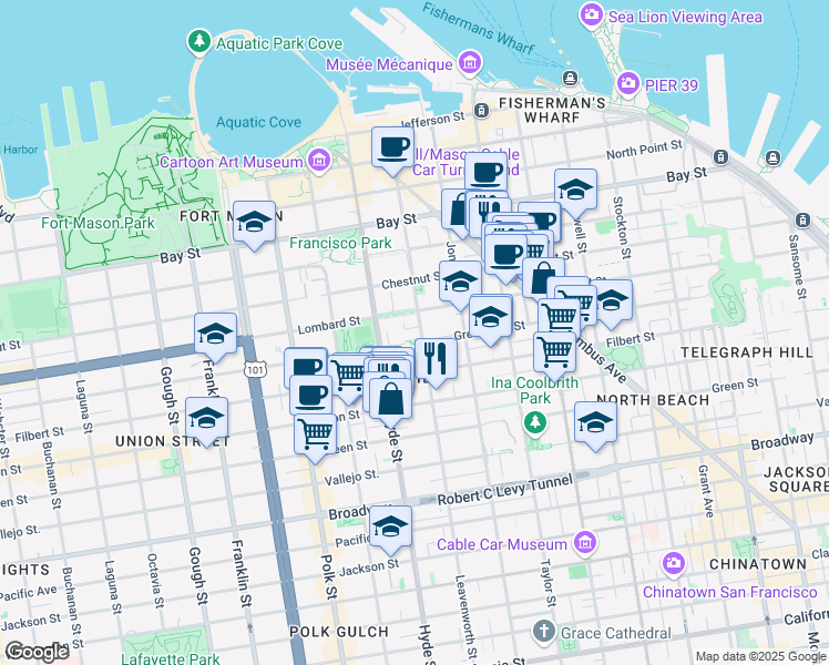 map of restaurants, bars, coffee shops, grocery stores, and more near 2215 Leavenworth Street in San Francisco