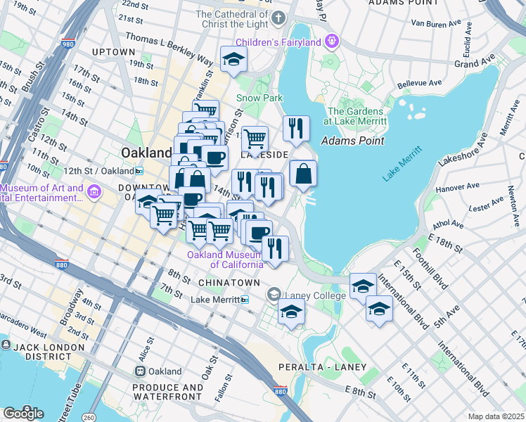 map of restaurants, bars, coffee shops, grocery stores, and more near 14th Street & Madison Street in Oakland
