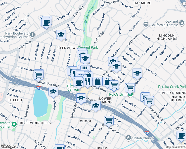 map of restaurants, bars, coffee shops, grocery stores, and more near in Piedmont
