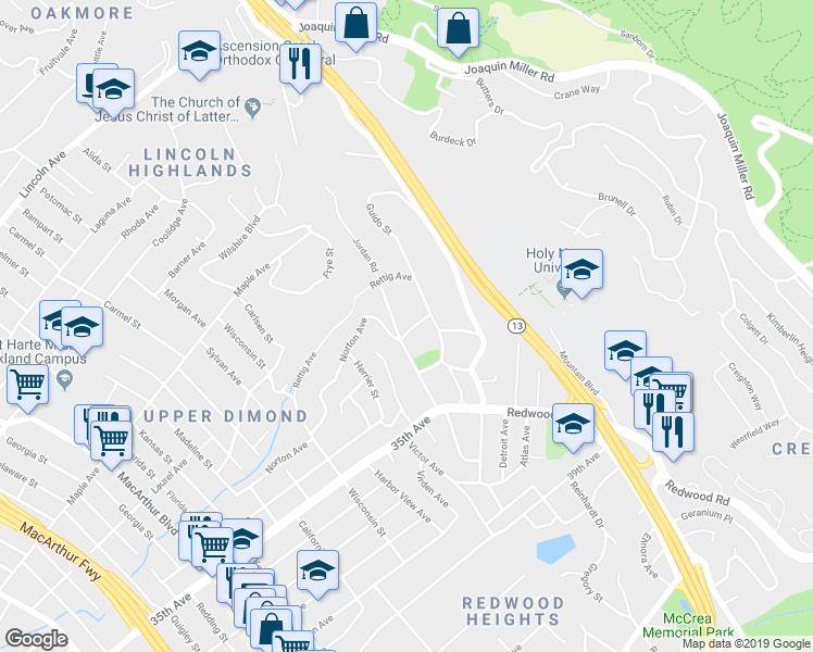 map of restaurants, bars, coffee shops, grocery stores, and more near 4371 Norton Avenue in Oakland